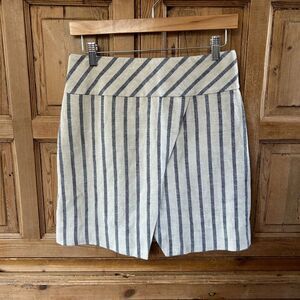 J.Crew 0 Skirt Blue White Stripe Linen Textured Zipper Mini Crossover Wrap Front